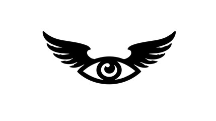 Obraz premium Stylized winged eye symbol, black graphic on white, representing vision, insight, freedom, and awareness. Modern minimalist icon.