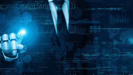 A businessman in a suit engages with a futuristic touchscreen interface, illustrating the blend of technology and business. The background features code and data visualizations. Xenic