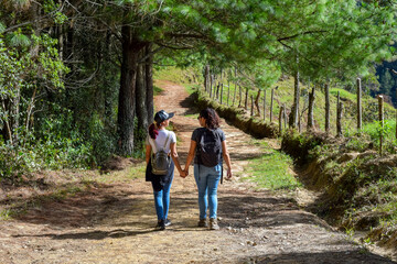 Obraz premium Mother and Teenage Daughter Holding Hands Walking Down Dirt Road or Rural Path, Exploring Nature and Family Bonding in Countryside Landscape