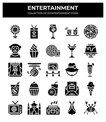 Collection of 25 Entertainment Icons. Glyph Style