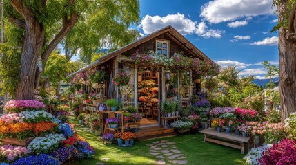 Obraz premium Charming Flower Shop Exterior with Blooming Flowers, Cozy Garden Atmosphere, and Rustic Architecture in Spring