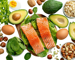 Healthy Food Selection with Salmon Avocado and Nuts