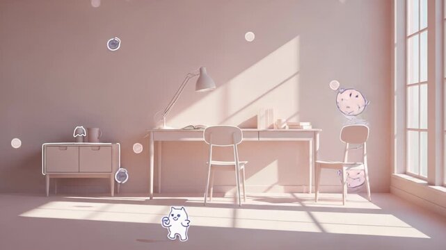 Sunlit desk shows lively desk cartoons bouncing over notebooks, golden beams chase desk cartoons across pale wall, gentle dust surrounds playful desk cartoons leaps. Concept creative workspace