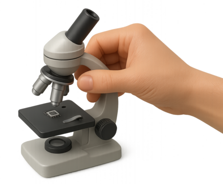 Hand using microscope to inspect tiny part