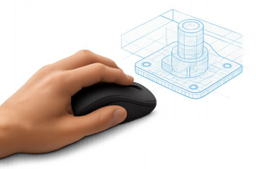 Hand using mouse to design CAD blueprint