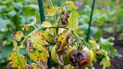 Close-up of diseased plant with yellowing leaves showing brown spots some shriveled A green fruit exhibits severe blossom end rot while others are healthy Lush garden background