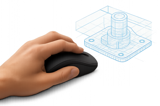 Hand using mouse to design CAD blueprint