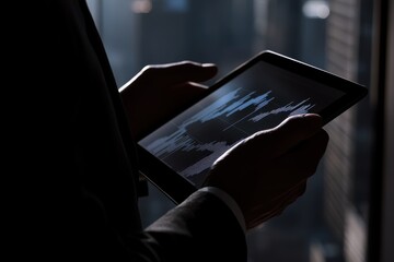 Business Professional Analyzing Data on Tablet Screen in Office