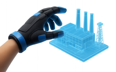 Hand wearing vr glove adjusting virtual factory model