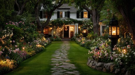 Obraz premium Enchanting Suburban Home Exterior with Blooming Garden Path and Warm Evening Illumination