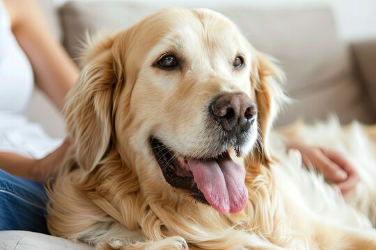 Woman gently pets Golden Retriever on couch in cozy living room. Daylight streams in, creating a relaxed and affectionate atmosphere. - Powered by Adobe