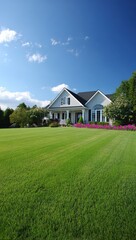 Obraz premium Suburban Home with Manicured Lawn and Blue Sky, Featuring Garden Flowers and Beautiful Summer Weather