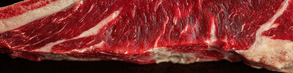 Close-up of a raw, marbled ribeye steak showcases freshness, quality, and culinary excellence.