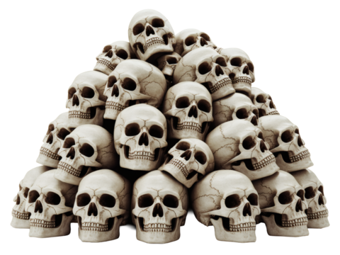 Pile of human skulls creates unsettling, macabre scene perfect for horror or Halloween themes