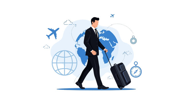 Businessman traveling with luggage and globe, concept for global business or travel around the world