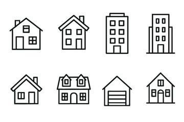 Fototapeta premium Outline vector icons of residential buildings: houses, apartment, garage 
