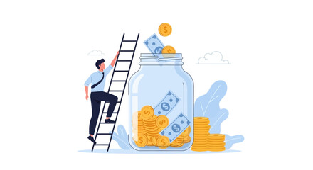 Businessman climbing a ladder to reach financial goals for savings and investment