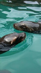 Obraz premium Two seals swim in turquoise water