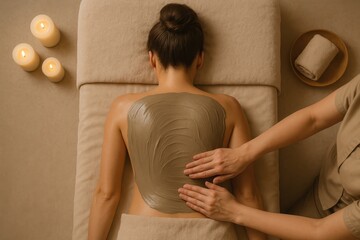 Spa therapy full body mineral mud wrap relaxing wellness treatment on soft linens serene ambiance