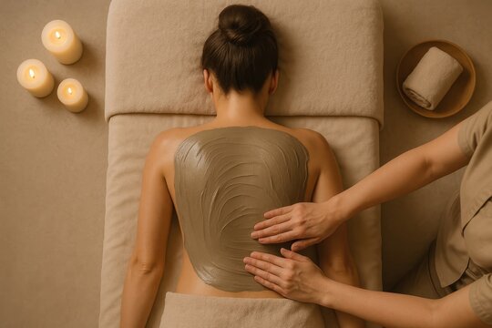 Spa therapy full body mineral mud wrap relaxing wellness treatment on soft linens serene ambiance
