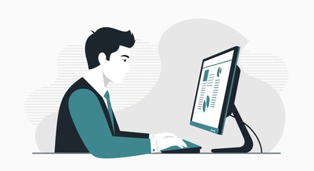 Businessman working on computer with data and analysis in modern digital world