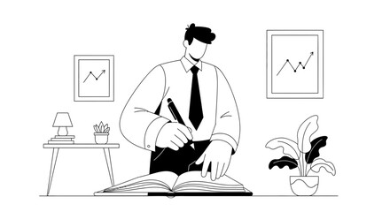 Businessman writing in journal and working in office, financial analysis concept