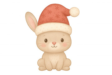 Cute rabbit wearing red christmas santa hat illustration celebrating winter holidays, transparent background element