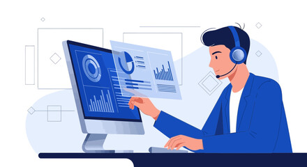 Businessman working with data analysis and customer support using technology illustration