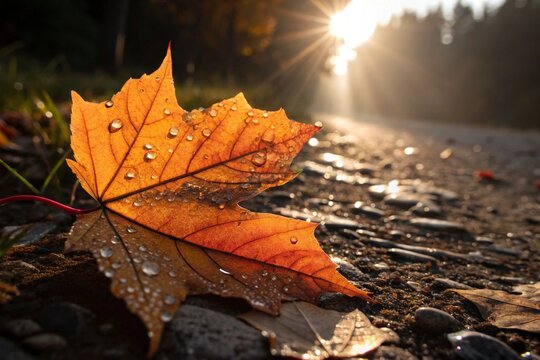 Macro oak leaf with autumn colors and raindrops, showcasing seasonal change. Detailed veins, water droplets, and natural textures highlight fall to winter transition in vibrant nature.