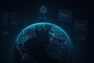 Global mesh of glowing data nodes and fiber light trails over a digital world map in deep blue