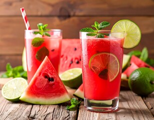 Refreshing watermelon and lime drinks on a rustic wooden table
