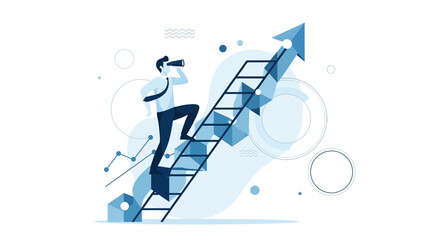 Businessperson Ascending Ladder Observing Future Growth Directional Illustration