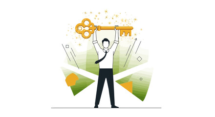 Businessman holds key to success victory symbol concept achievement unlock illustration
