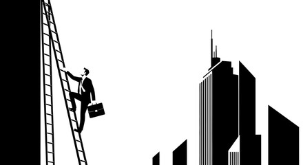 Businessperson Ascending Ladder Towards Skyscraper Indicating Career Advancement and Ambition