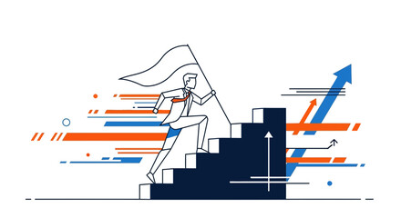 Businessperson Ascending Staircase of Success and Holding a Flag, Achieving Goals and Growth