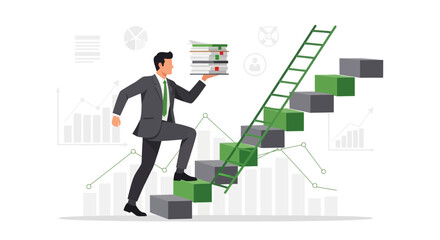 Businessperson Ascending Towards Success with Documents and Career Progression in Vision