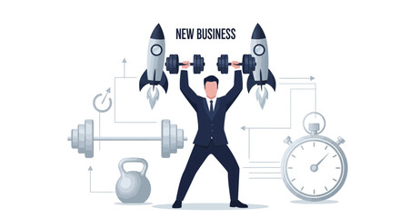 Businessperson Lifting Rockets, Representing New Venture and Success Using Innovative Concept