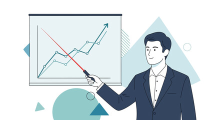 Businessperson Giving a Presentation on Economic Growth with Modern Flat Style Artwork