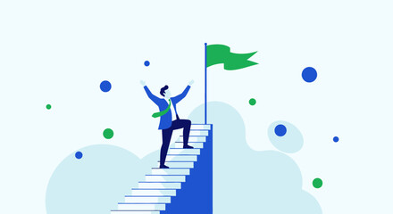 Businessperson Reaching A Flag At The Summit Of Success After Climbing Stairs