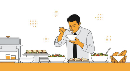 Businessperson Savors Meal at Buffet, Illustrating Culinary Appreciation In A Modern Style