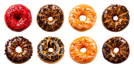 Colorful Halloween-themed decorated donuts.