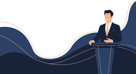 Businessperson Standing Behind Podium in Illustrated Geometric Design with Abstract Shapes