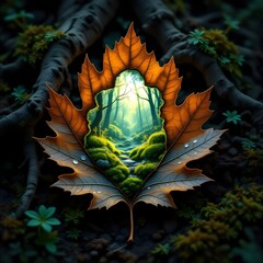 Mystical leaf with glowing jewel and ornate texture