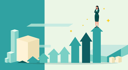 Businesswoman Achievement, Growth, Success, And Standing Proud On Rising Arrows