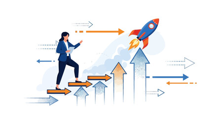 Businesswoman Achieves Success Launching Rocket, Climbing Stairs Towards New Heights Of Growth