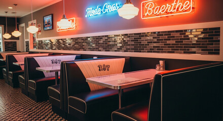 Retro diner interior with neon signs and booths vintage restaurant with classic design american style eatery with checkered floor and comfortable seating nostalgic atmosphere