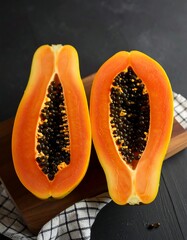 Two halves of a papaya,  ripe and juicy