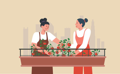 Minimalist Vector Illustration of Women Gardening on Urban Balcony