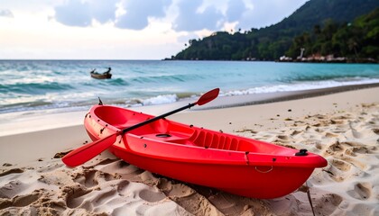 Red kayak on sandy beach at sunset