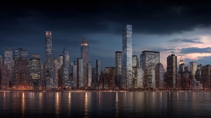 Fototapeta premium Dramatic Cityscape at Night: Modern Skyscrapers Reflecting in Calm Waters Under a Moody Sky